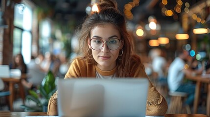 Poster - Businesswoman in eyeglasses sitting at a stylish co-working desk, engaging with her laptop while taking notes, with modern decor and other professionals working in the background.