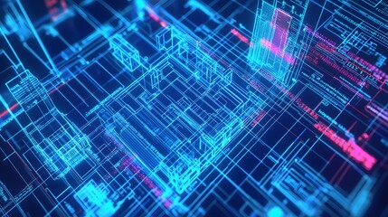 Abstract Digital Cityscape with Glowing Lines and Data