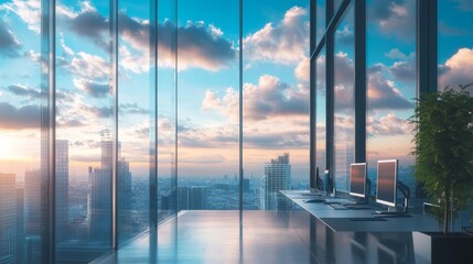 Wall Mural - A modern office with expansive glass windows showcasing a vibrant sunset over a cityscape, featuring sleek furnishings and greenery.