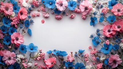 A subtle floral frame for wedding invitations with a minimal design. The flowers are in royal blue, bright pink, and white, delicately placed around the edges of the frame.