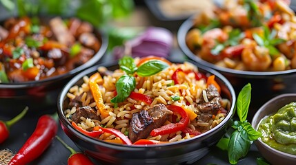 Wall Mural - Delicious Fried Rice with Bell Peppers  Beef  and Basil in a Bowl