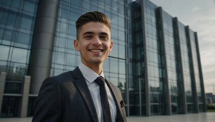 Confident Businessman in City: A young, successful businessman in a sharp suit smiles confidently outside a modern skyscraper, exuding an aura of ambition and accomplishment.  