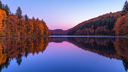 Sticker - A tranquil lake surrounded by autumn trees, reflecting a serene sunset sky.