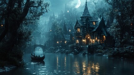 Poster - Enchanted Medieval Village by the River at Night