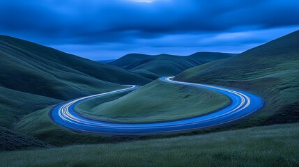 Wall Mural - A winding road through lush green hills under a moody blue sky, showcasing the beauty of nature and travel.