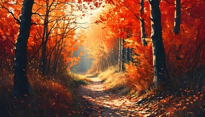 Wall Mural - Vibrant Autumn Pathway Among Fiery Red and Orange Leaves