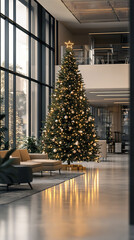 Poster - Modern Office Christmas Atmosphere with Large Fir Tree Centerpiece  