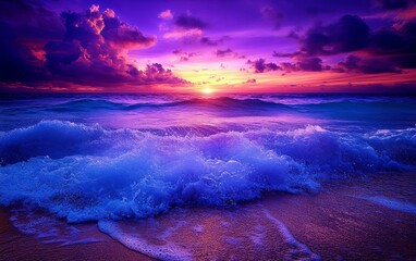 Wall Mural - A stunning sunset over the ocean, with vibrant purple and orange hues reflecting on the waves and sandy beach.