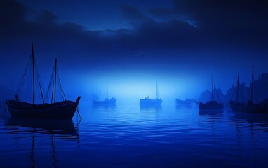 Sticker - A tranquil scene of silhouetted boats in a misty blue harbor, evoking calmness and mystery.