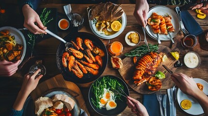 Wall Mural - Overhead view of a table with people eating a variety of dishes.