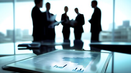 Poster - Silhouettes of business people in an office meeting, a tablet with a chart in the foreground.