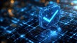 © Pixel Mind - The glowing checkmark symbol made of digital particles stands out against a high-tech backdrop