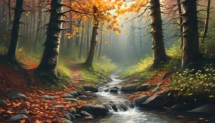 Wall Mural - Serene Autumn Forest Path Lined with Colorful Foliage and Flowing Stream