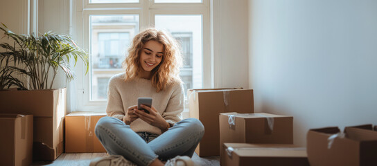 A smiling young woman sitting on the floor, using her mobile phone, surrounded by closed brown cardboard boxes. relocation, moving to a new home, transportation service, movers, real estate, rental