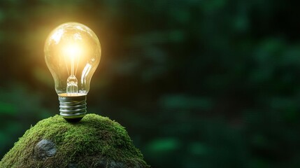 Electric light bulb resting on a moss-covered rock, glowing faintly in an ambient forest, representing the fusion of organic and artificial ideas