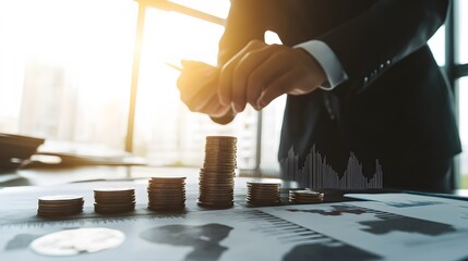 Wall Mural - Businessperson building a stack of coins.