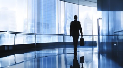 Canvas Print - Silhouette of a businessman walking towards a window with a city view.