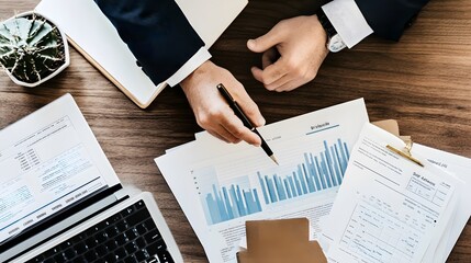 Poster - A man's hand points at a bar graph on a document.