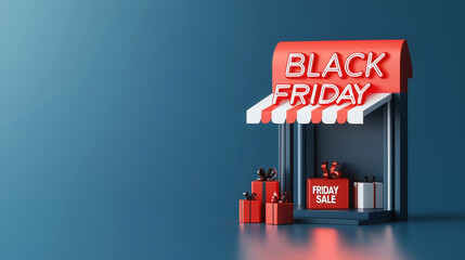 Colorful Black Friday storefront with sale sign, bright red accents on blue background.