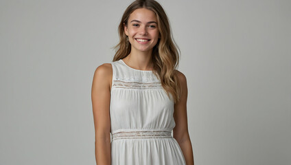 Summer Breeze: A radiant young woman in a flowing white dress with delicate lace accents, radiating warmth and effortless beauty, embodies the spirit of carefree summer days.  