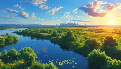 Vibrant aerial vista of nature in summer hues with a bustling city skyline on the horizon