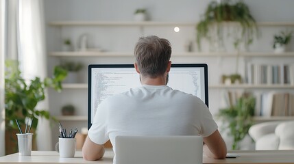a sleek software engineer coding on a transparent screen in a neon-lit office