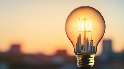 Electric light bulb with a miniature city skyline inside, glowing in an ambient twilight, symbolizing urban energy and innovation