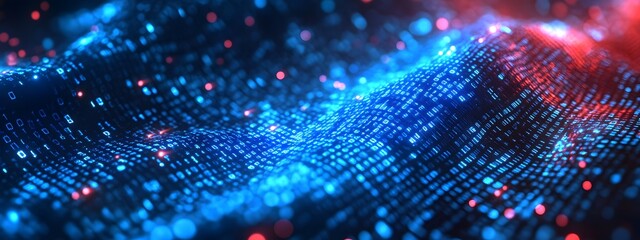 Digital background featuring blue glowing binary code, representing data technology and cybersecurity in a black space