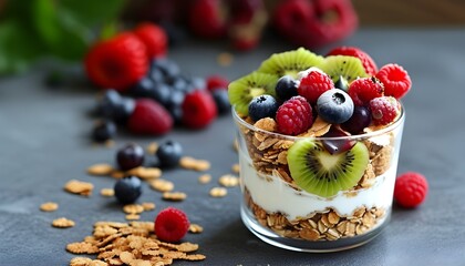 Wall Mural - Delicious Yogurt Parfait Layered with Crunchy Granola, Fresh Berries, and Sweet Kiwi