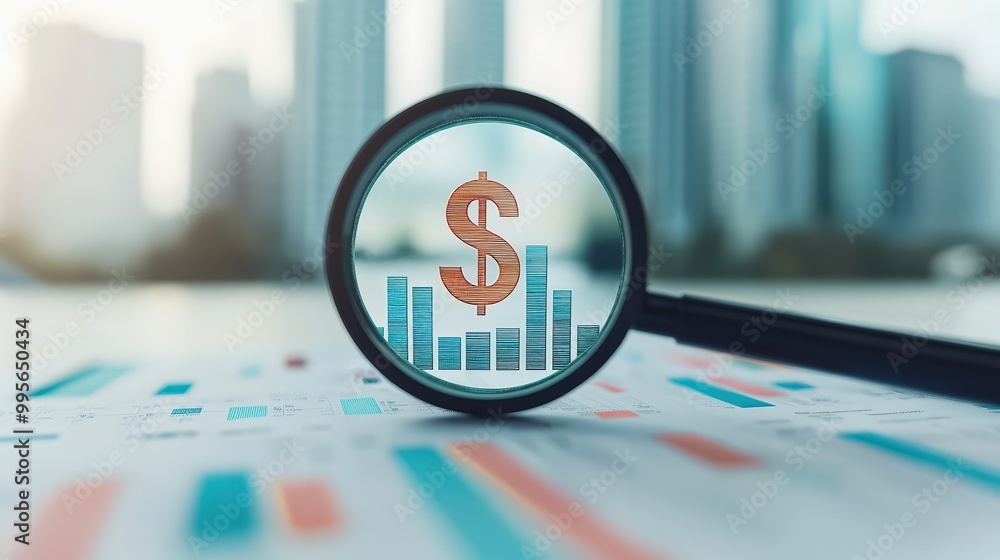 A magnifying glass focusing on a dollar sign growing out of a bar chart ...
