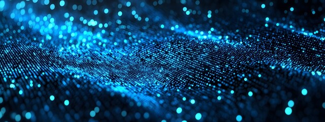 Digital background featuring blue glowing binary code, representing data technology and cybersecurity in a black space