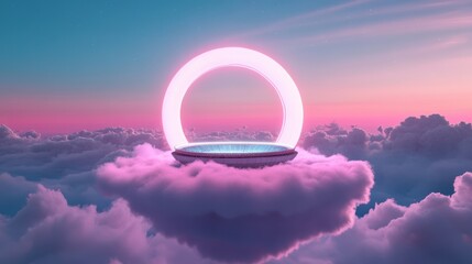 Wall Mural - A stadium stands on a floating island, its lights illuminating the surrounding clouds with ethereal, iridescent hues.