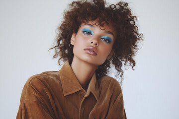 model with curly hair, wearing an oversized brown corduroy shirt and blue eyeshadow on her face, posing for magazine. The background is white