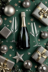 lat lay composition featuring a champagne bottle and two glasses surrounded by silver and gold Christmas decorations on a green background. 