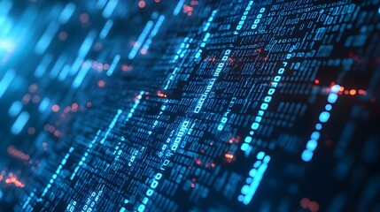 Digital background featuring blue glowing binary code, representing data technology and cybersecurity in a black space