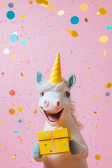 Wall Mural - happy toy unicorn wearing a yellow birthday hat and holding a yellow gift box, with pastel round con
