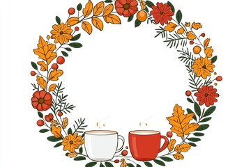 Autumn Floral Wreath with Two Cups of Coffee