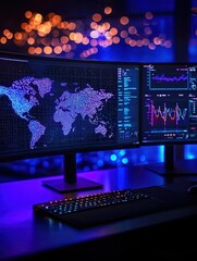 a vibrant digital workspace featuring dual monitors displaying a world map and data visualizations i