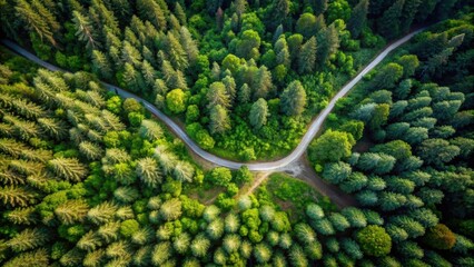 Canvas Print - Aerial view of a winding forest path surrounded by lush trees, forest, path, aerial view, trees, nature, green