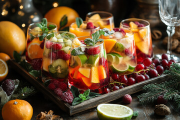 A tray of seasonal sangrias with fresh fruit and wine.Delicious fruits are beautifully arranged in glasses on the table