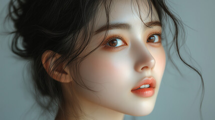 A close-up portrait of a young Korean woman with natural beauty showcasing her expressive eyes and soft features in gentle light