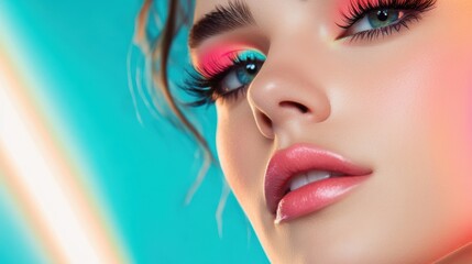 Wall Mural - a model showcasing a neon inspired makeup look, with bold colors and accents reflecting the latest b