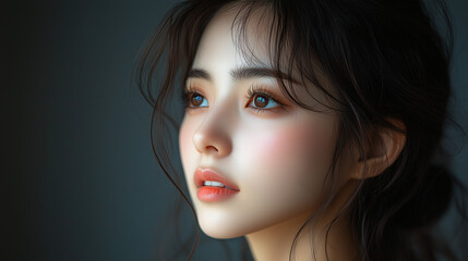 Wall Mural - A young Korean woman gazing thoughtfully out of a window with soft natural light illuminating her features in an intimate indoor setting