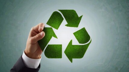 Businessman holding green grass recycle symbol over white background