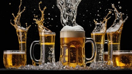 Cold beer splashing in mugs and glasses on black background