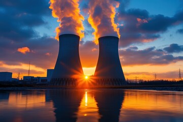 A captivating image of the sunrise behind two cooling towers of a nuclear power plant, with vibrant colors and the reflection of the towers in the water.