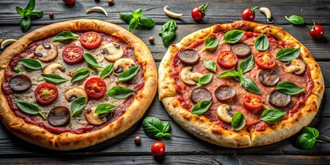 Poster - Two delicious pizzas topped with fresh mushrooms and savory pepperoni salami, food, cheese, Italian, cuisine, dinner