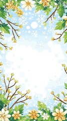 Poster - Spring Flowers Frame with Snowflakes Background