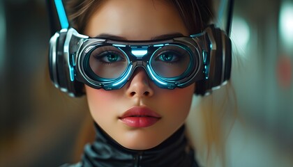 Wall Mural - Futuristic Vision: Close-up Portrait of a Woman in High-Tech Glasses