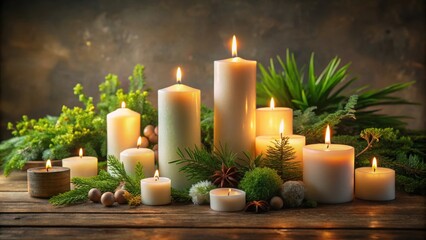 Sticker - Variety of lit candles on a table with greenery, candles, lit, table, greenery, decoration, ambiance, relax, serene